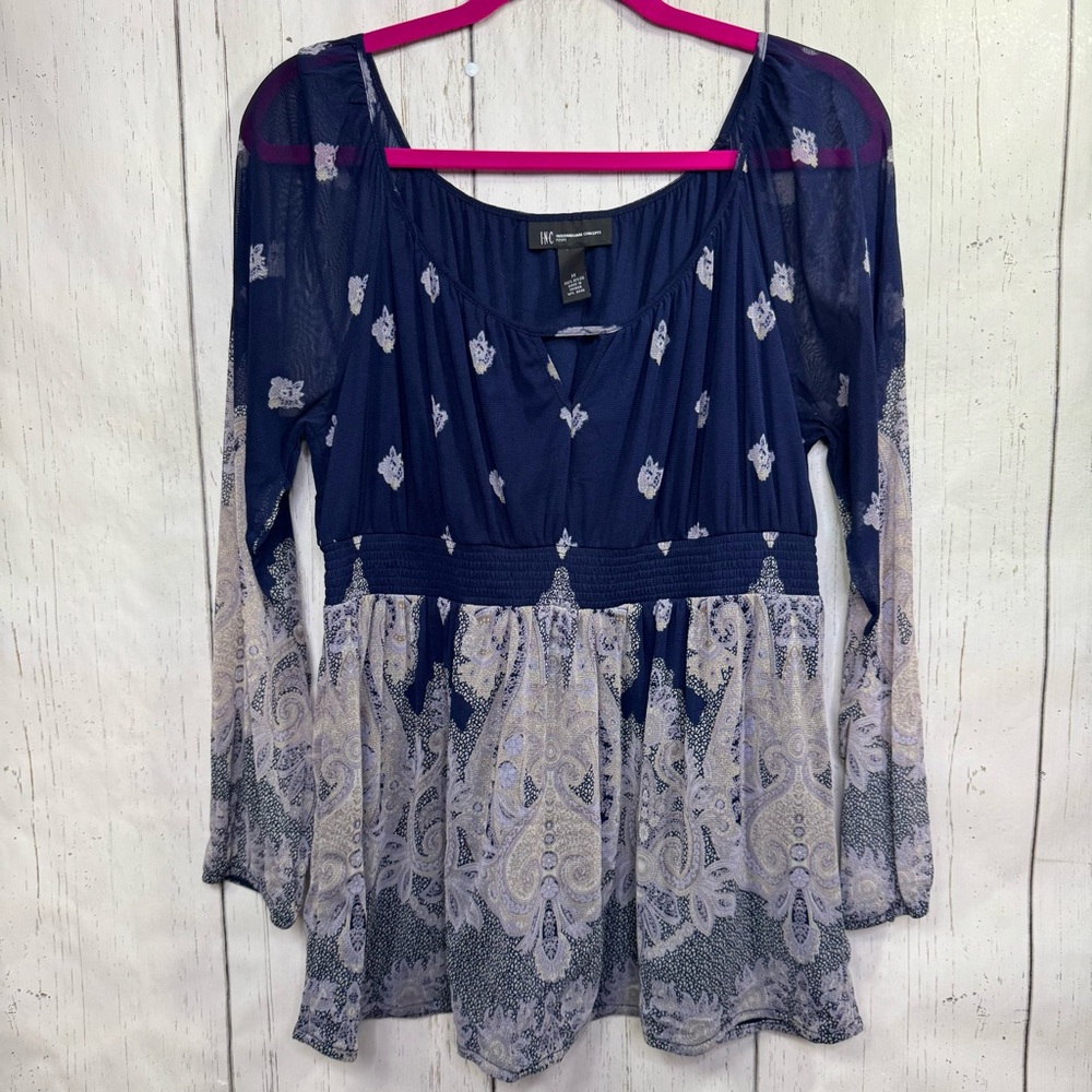 INC International Concepts M Petite Navy Paisley Boho Peasant Top Coastal Spring